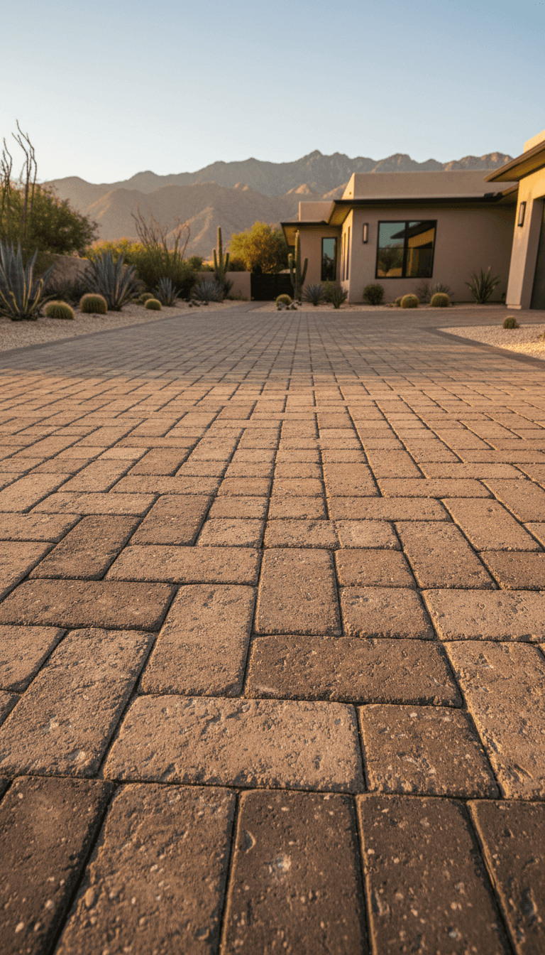 Herringbone paver driveway leading to a modern desert home in Palm Desert