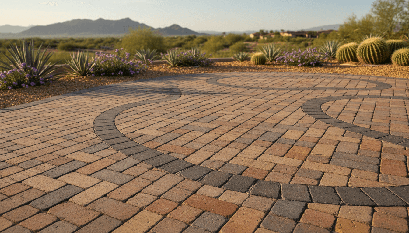 Small format pavers forming a detailed border on a desert patio