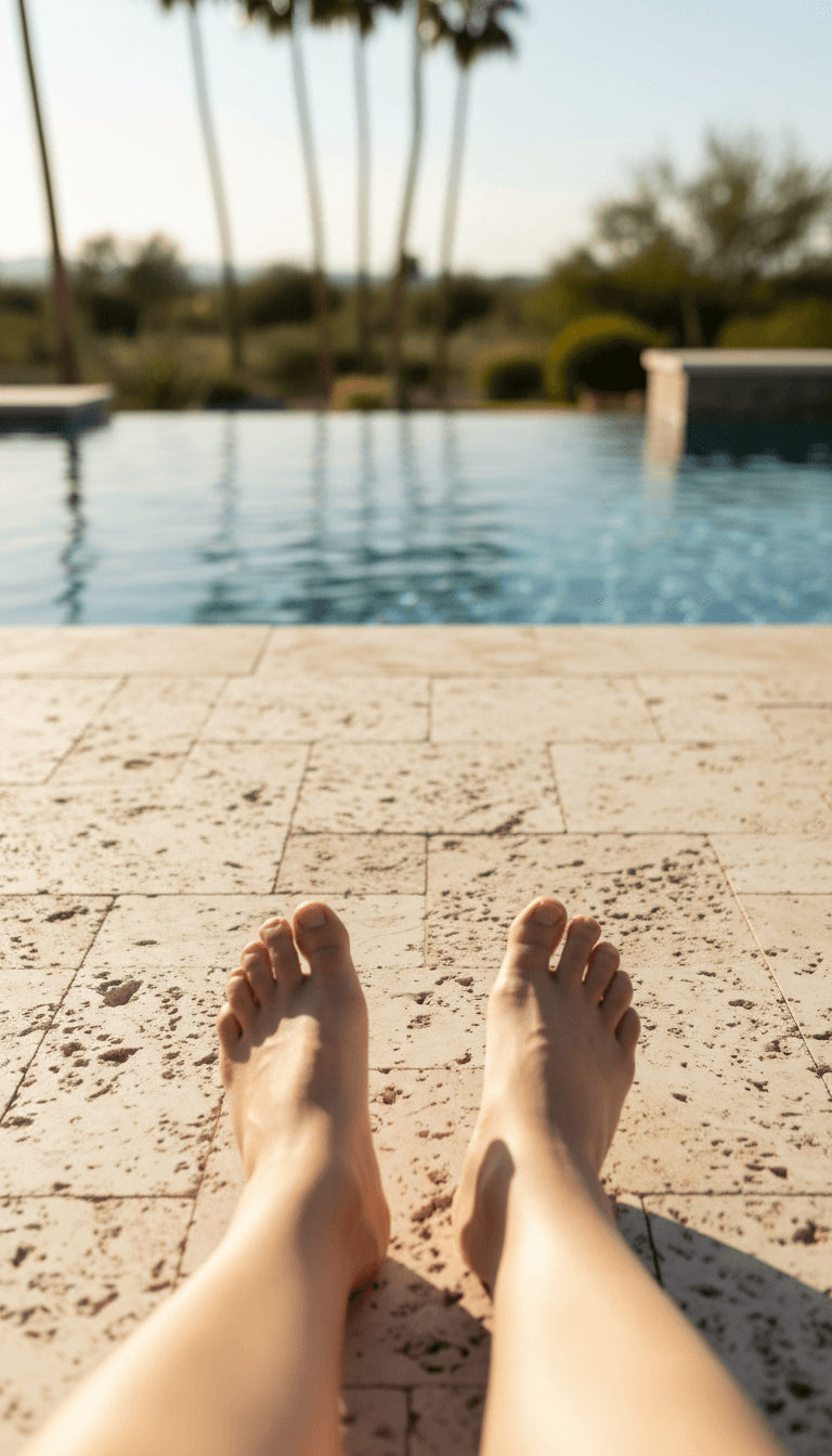 Bare feet on travertine pavers beside a pool in Palm Desert