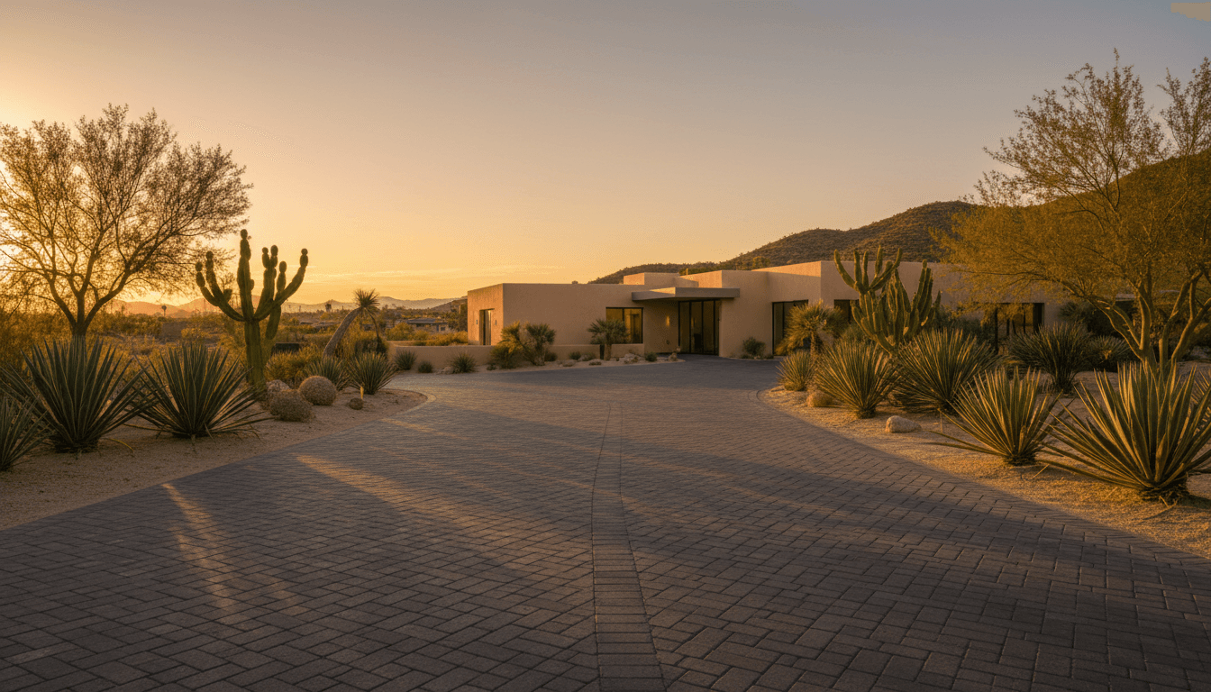 Wide-angle shot of a modern herringbone paver driveway at golden hour in Palm Desert