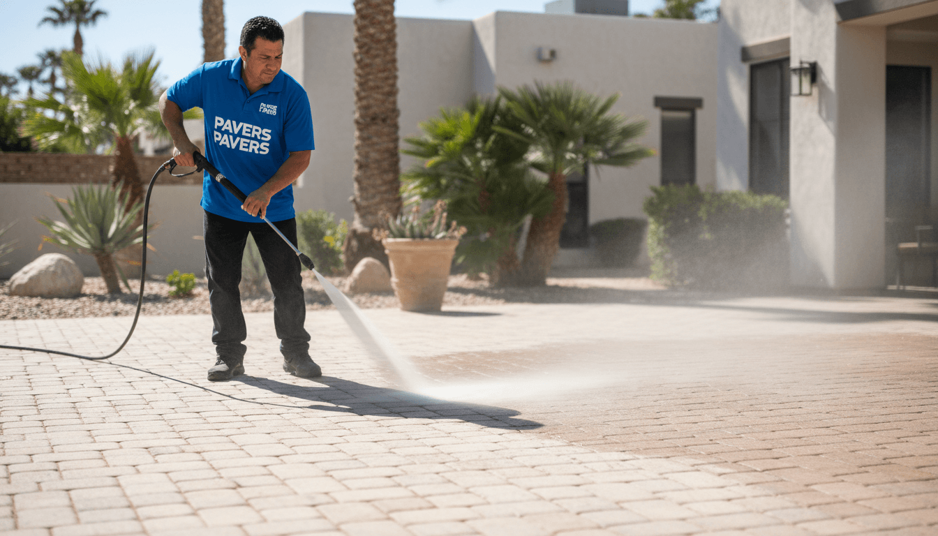Crew member in branded polo pressure washing dusty paver patio surface