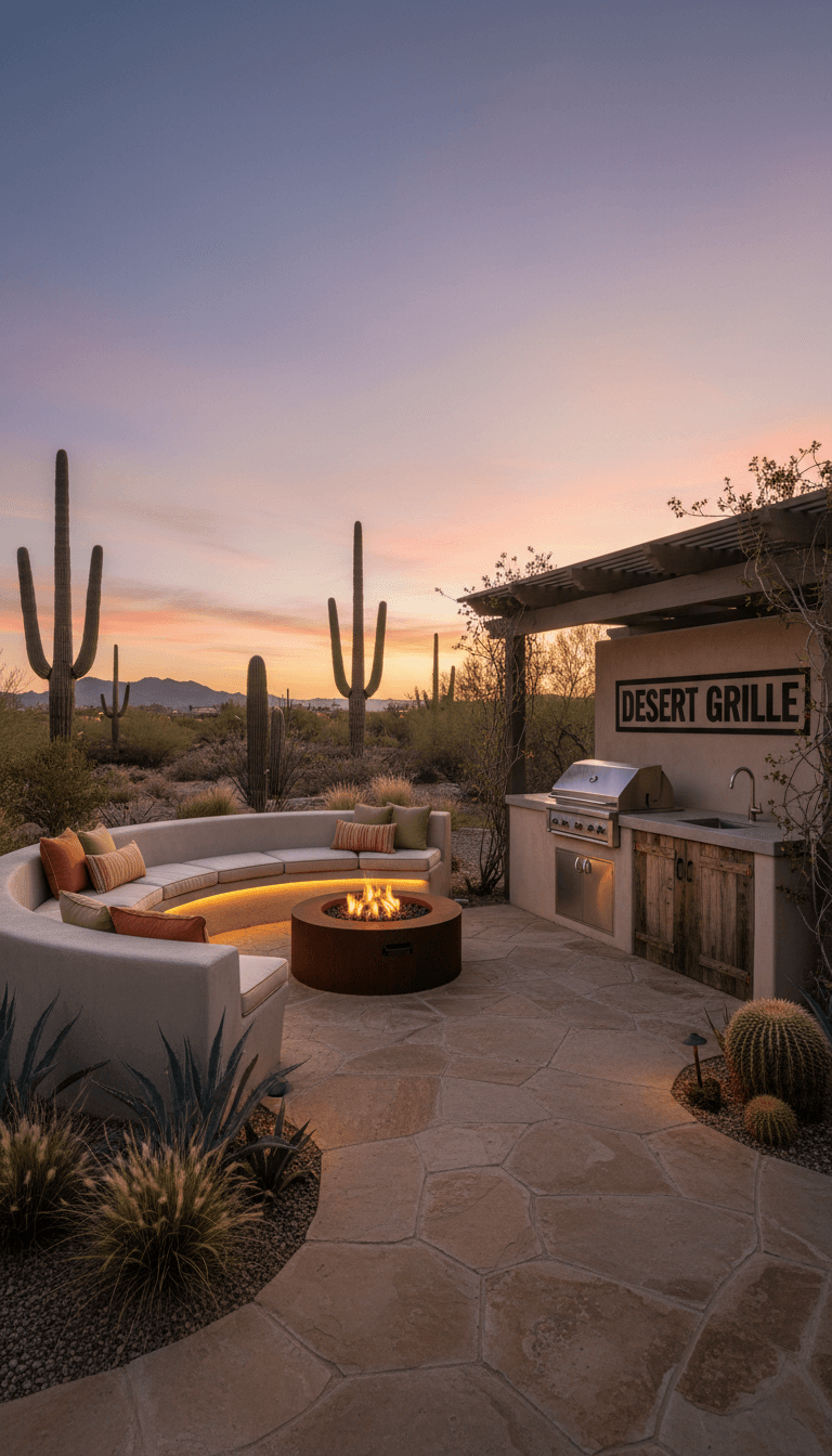 Outdoor living space with seat wall and outdoor kitchen