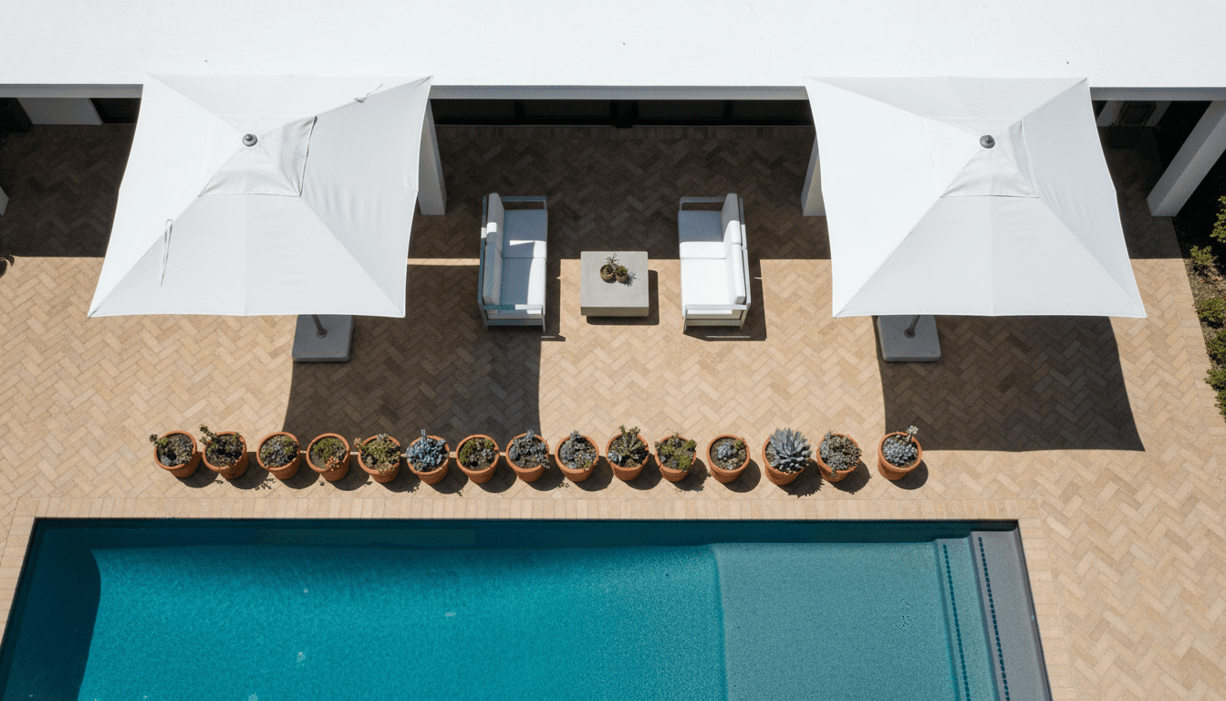 Herringbone paver pool deck with shaded lounge area overhead view
