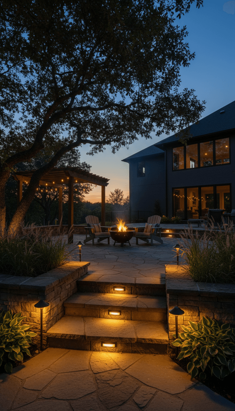 Low voltage landscape lighting illuminating stone patio