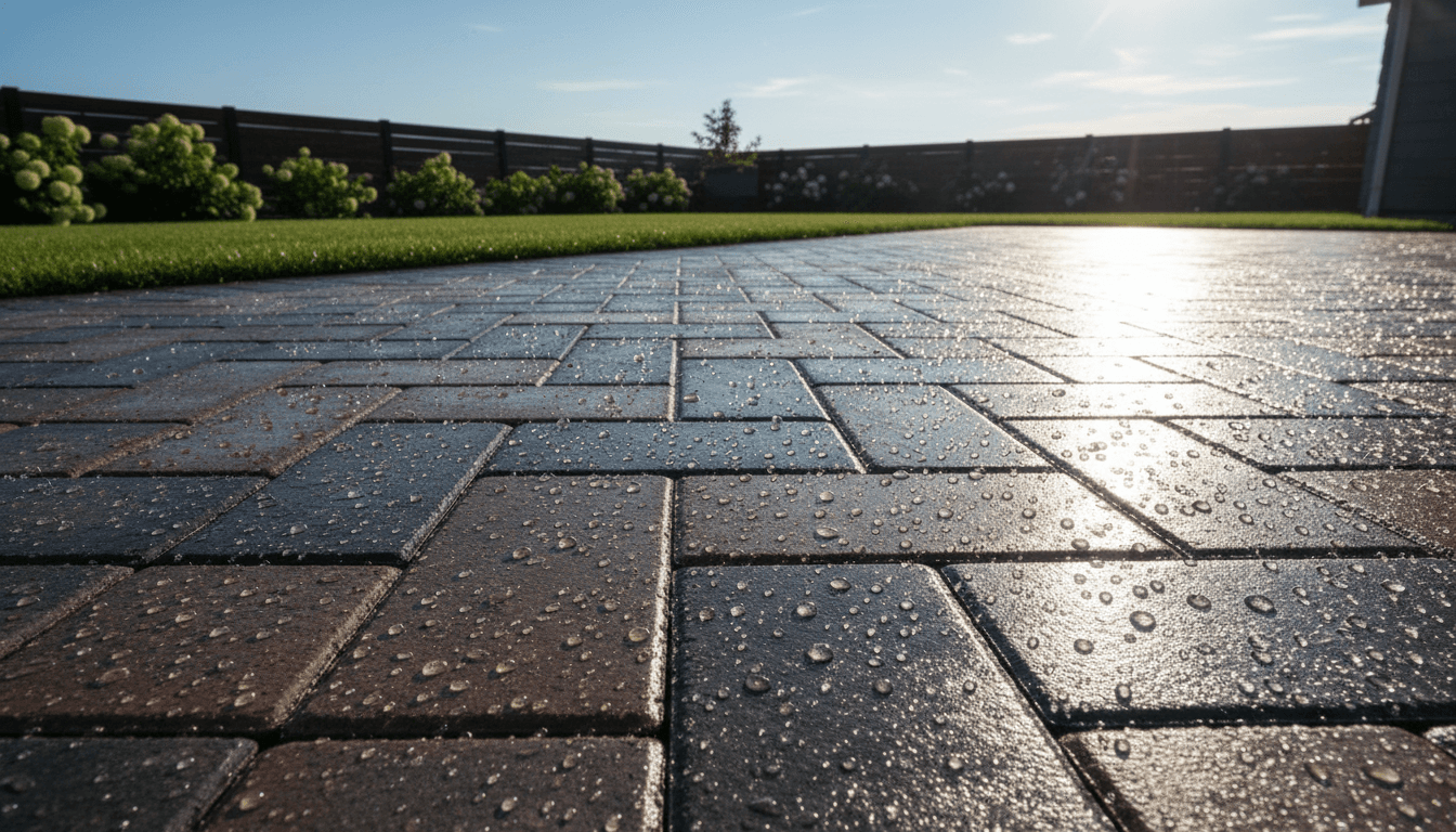 Paver patio with water beading on sealed surface