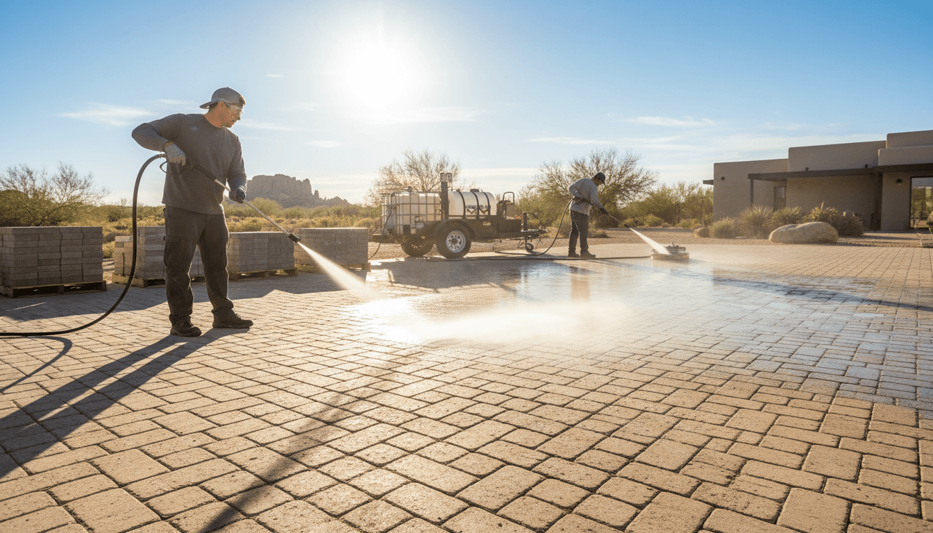 Professional team pressure washing sunlit paver patio with spotless stone finish.