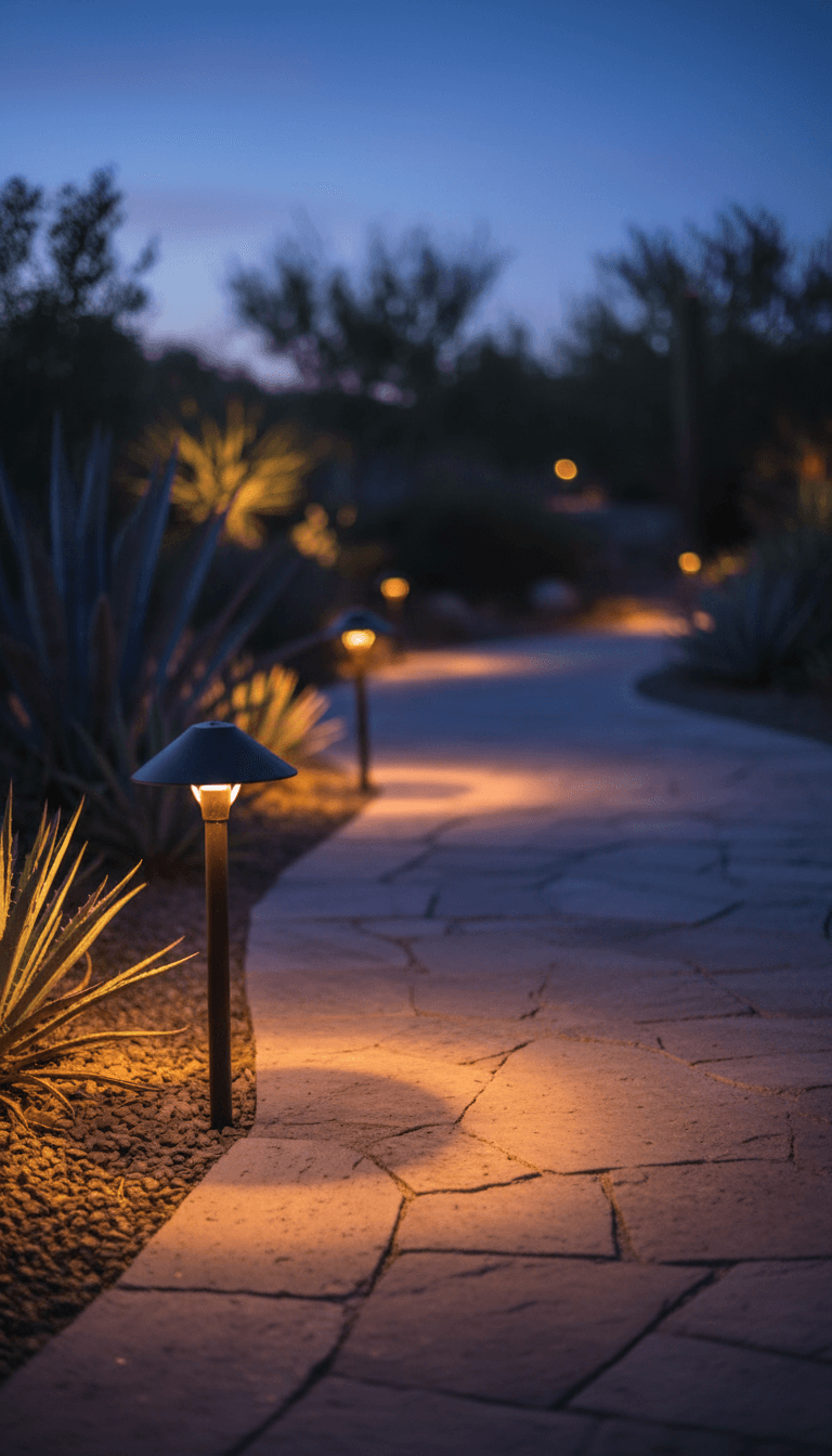 Low-voltage landscape lighting at dusk