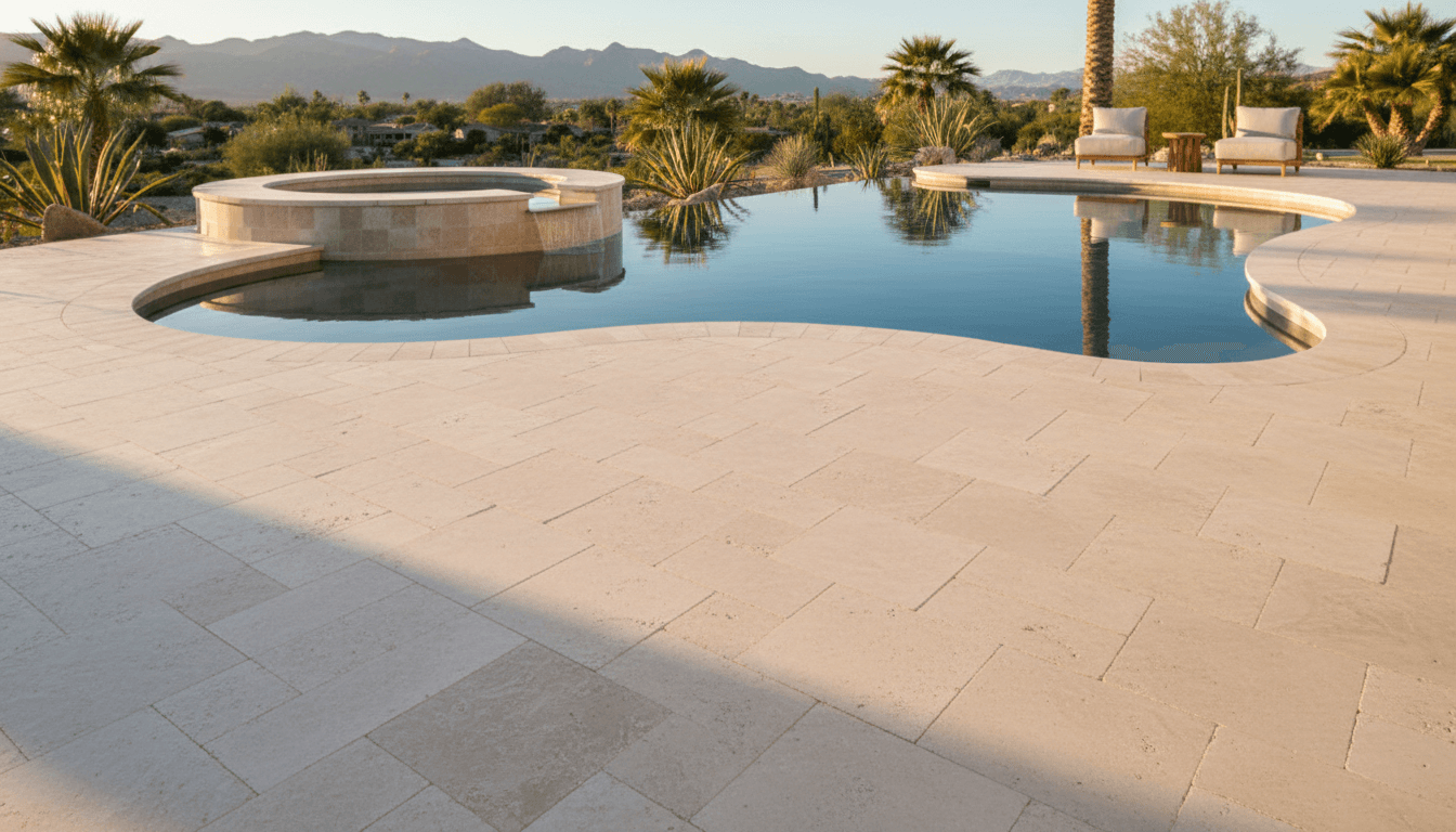 Finished travertine pool deck with coping and spa surround in Palm Desert