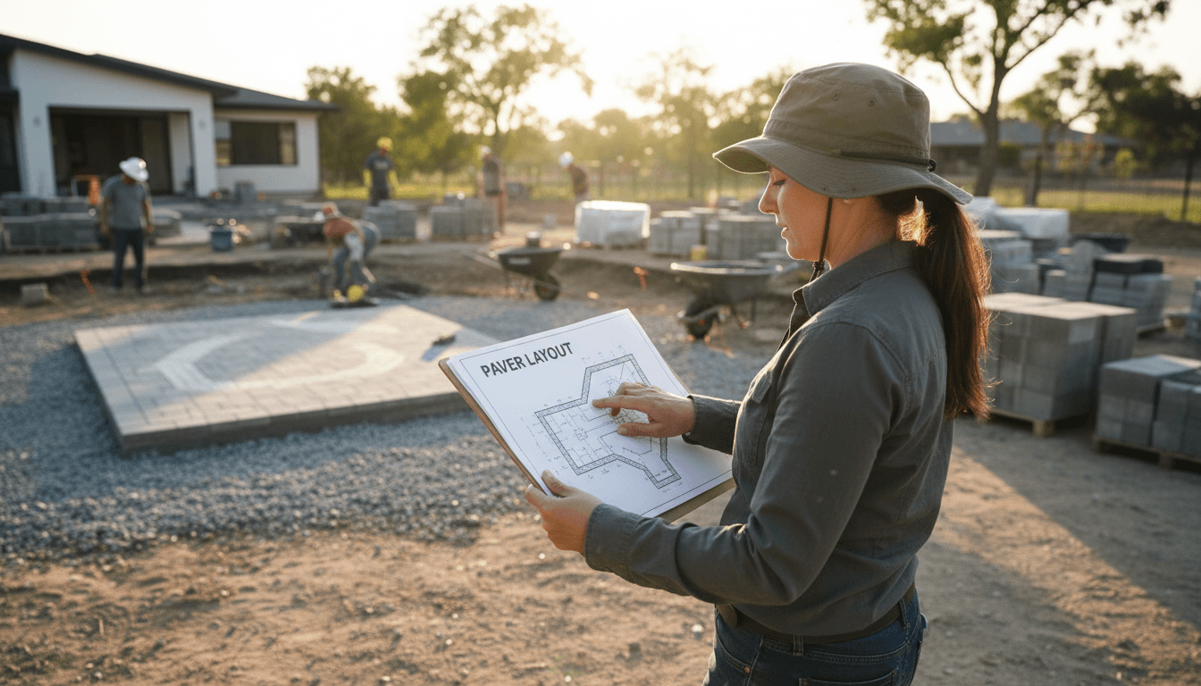 Landscape designer reviewing paver plans on a clipboard at an outdoor job site