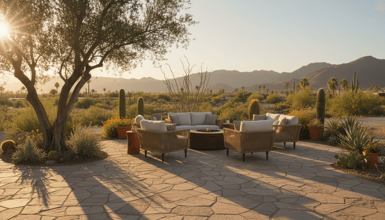 Custom paver patio in Palm Desert at golden hour with desert landscaping
