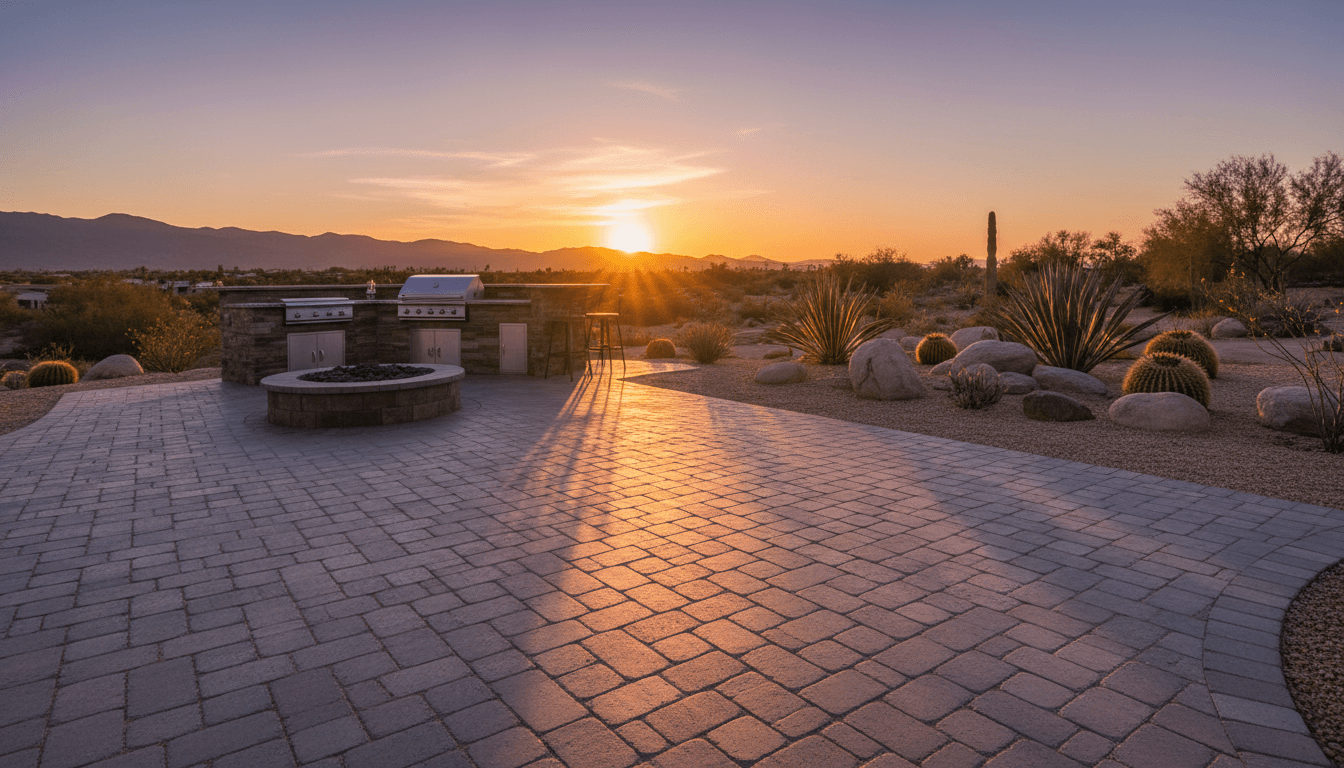 Finished paver patio with outdoor kitchen at dusk in Palm Desert