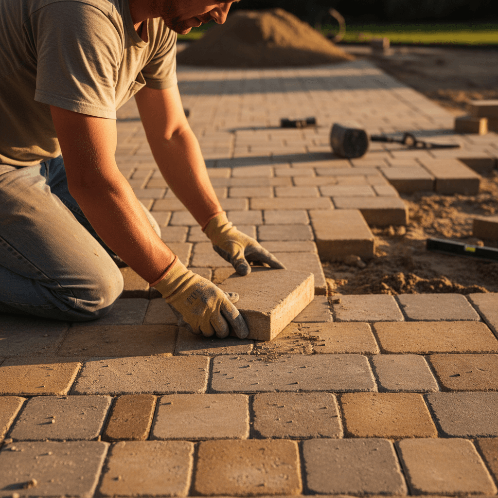 Craftsman installing pavers by hand