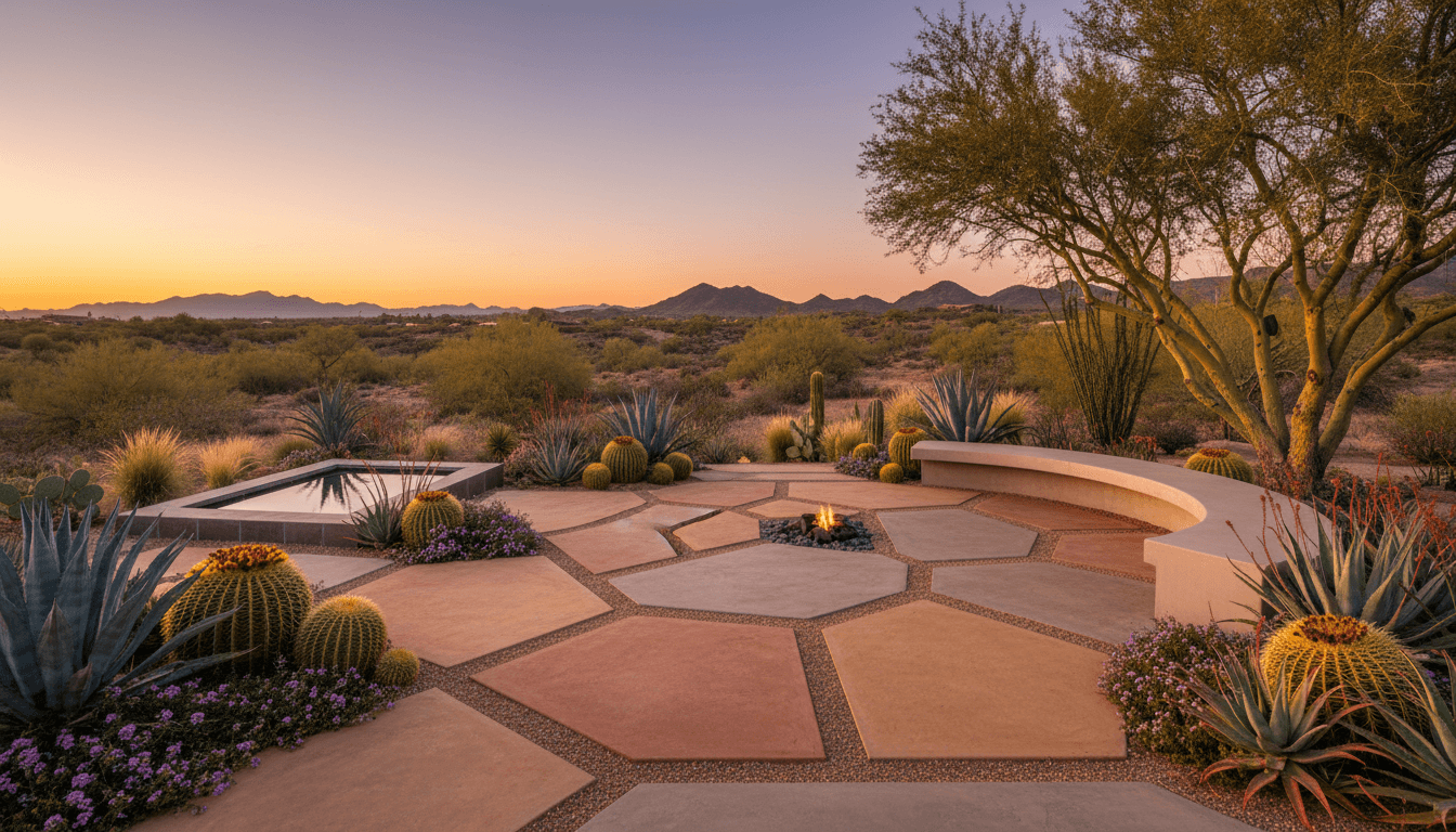 Custom desert landscape with paver patio and drought tolerant plants at dusk