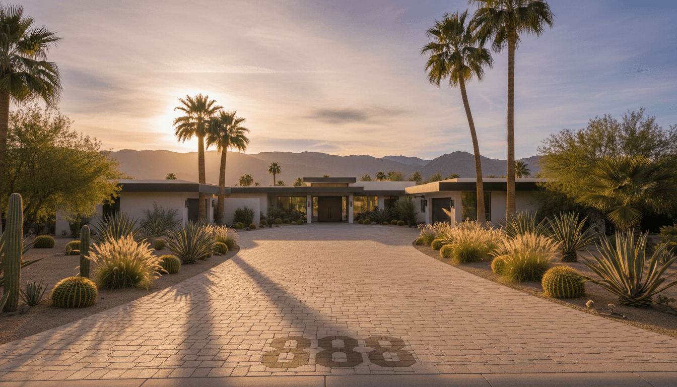 Newly installed paver driveway in Palm Desert, CA, with warm desert lighting