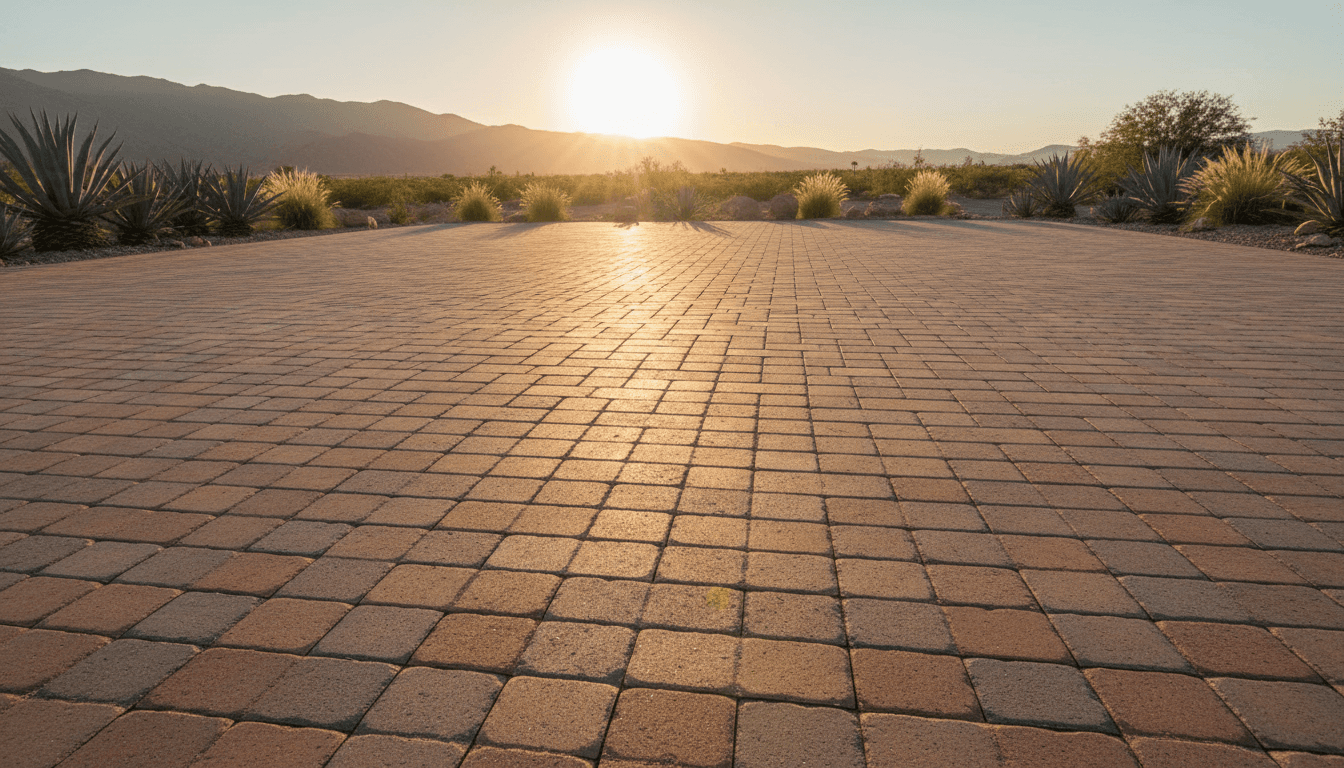Freshly installed paver driveway in Palm Desert with warm afternoon light and desert landscaping