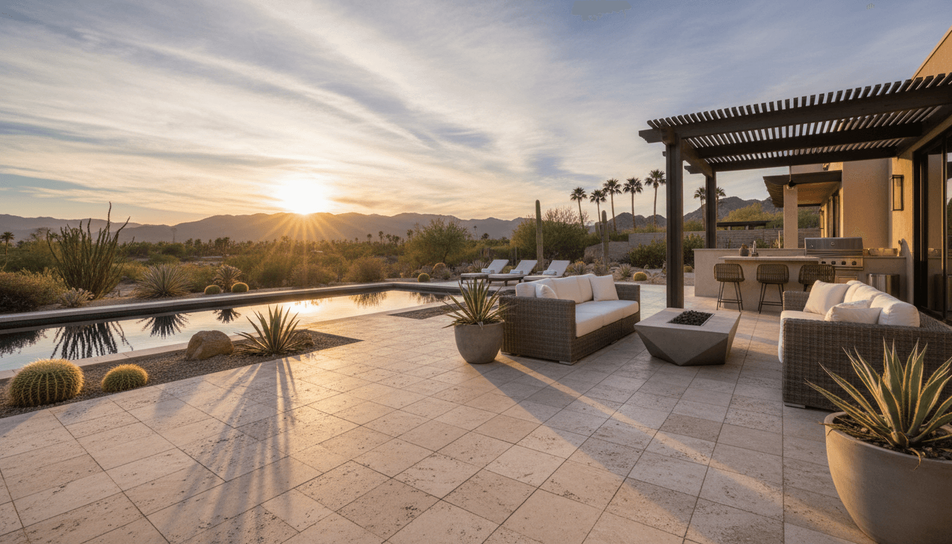 Stone patio in Palm Desert with desert landscaping and warm evening light