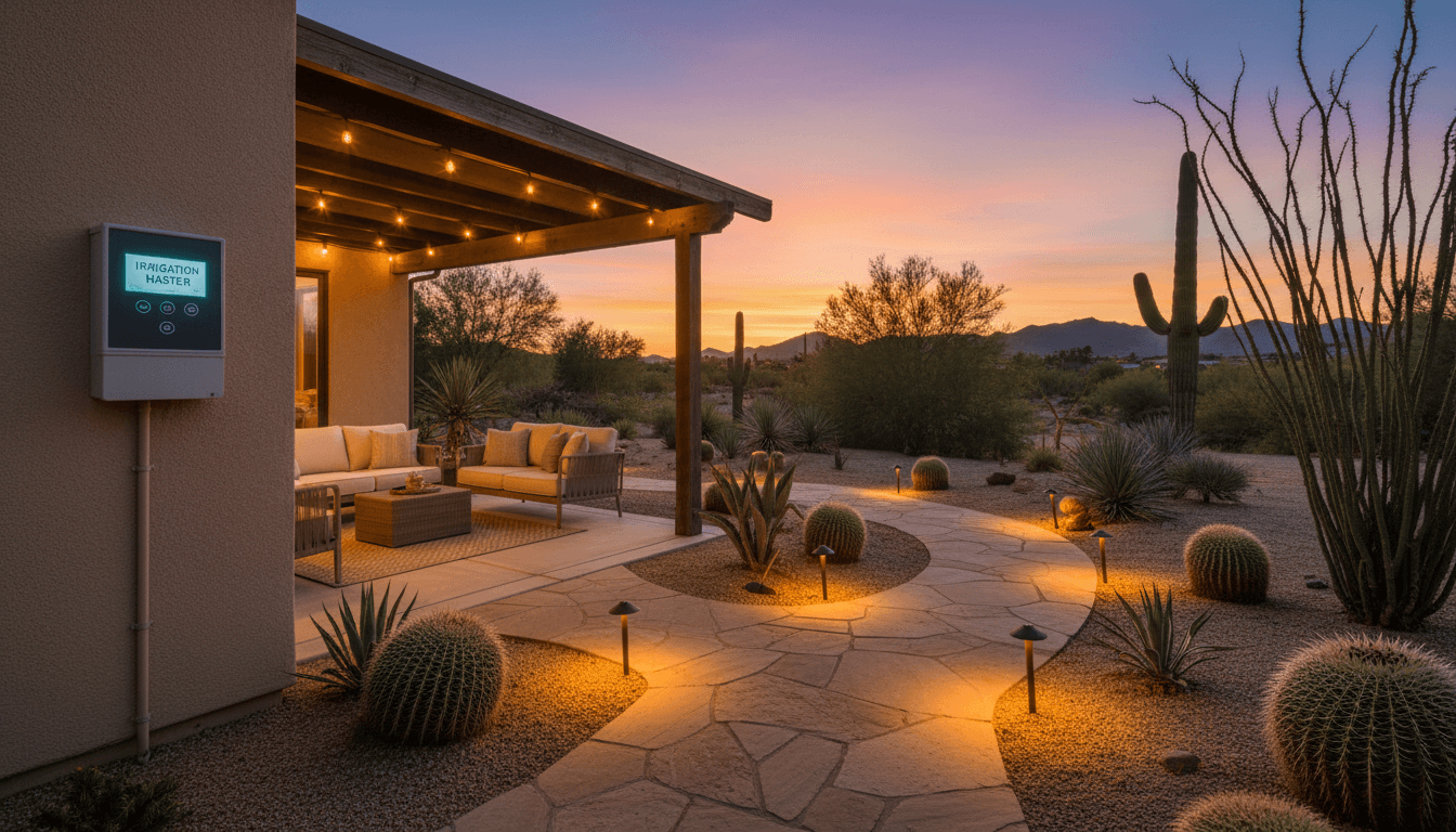 Desert patio at dusk with custom landscape lighting and irrigation controls