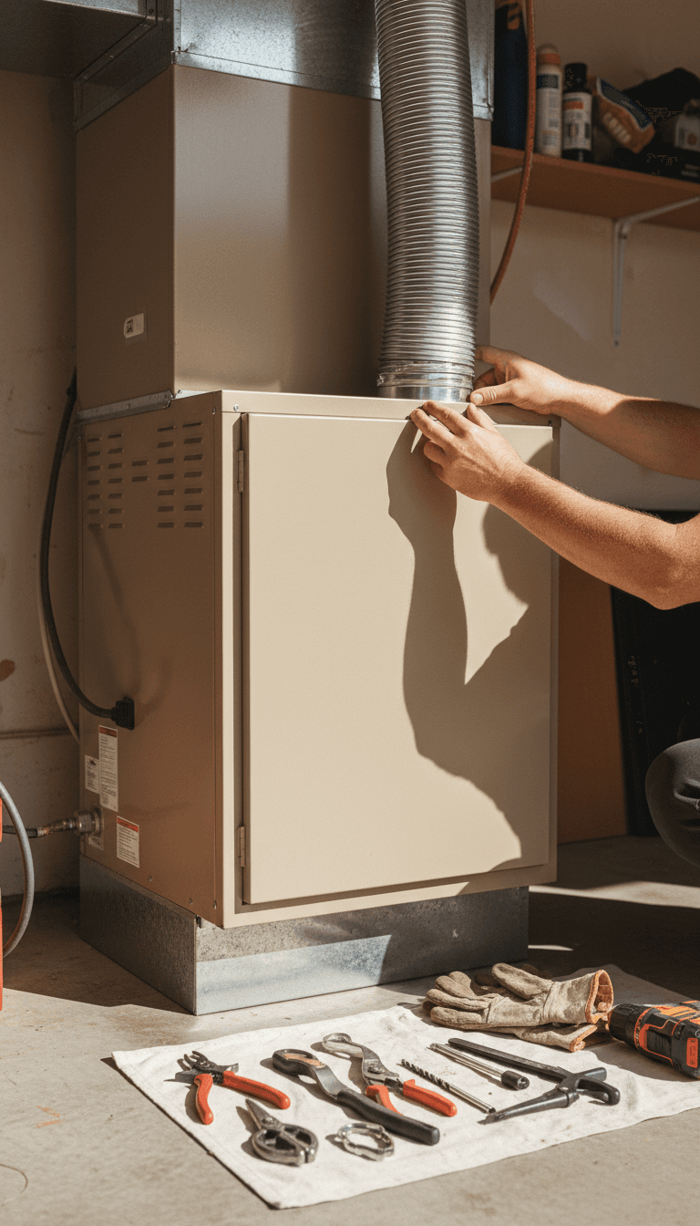 Technician installing a whole-home humidifier unit in a Palm Desert garage