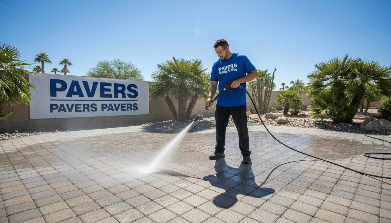 Crew member in the desert wearing a work shirt printed PAVERS PAVERS PAVERS across the chest, pressure washing a patio, with a large banner in the background also reading PAVERS PAVERS PAVERS in bold letters