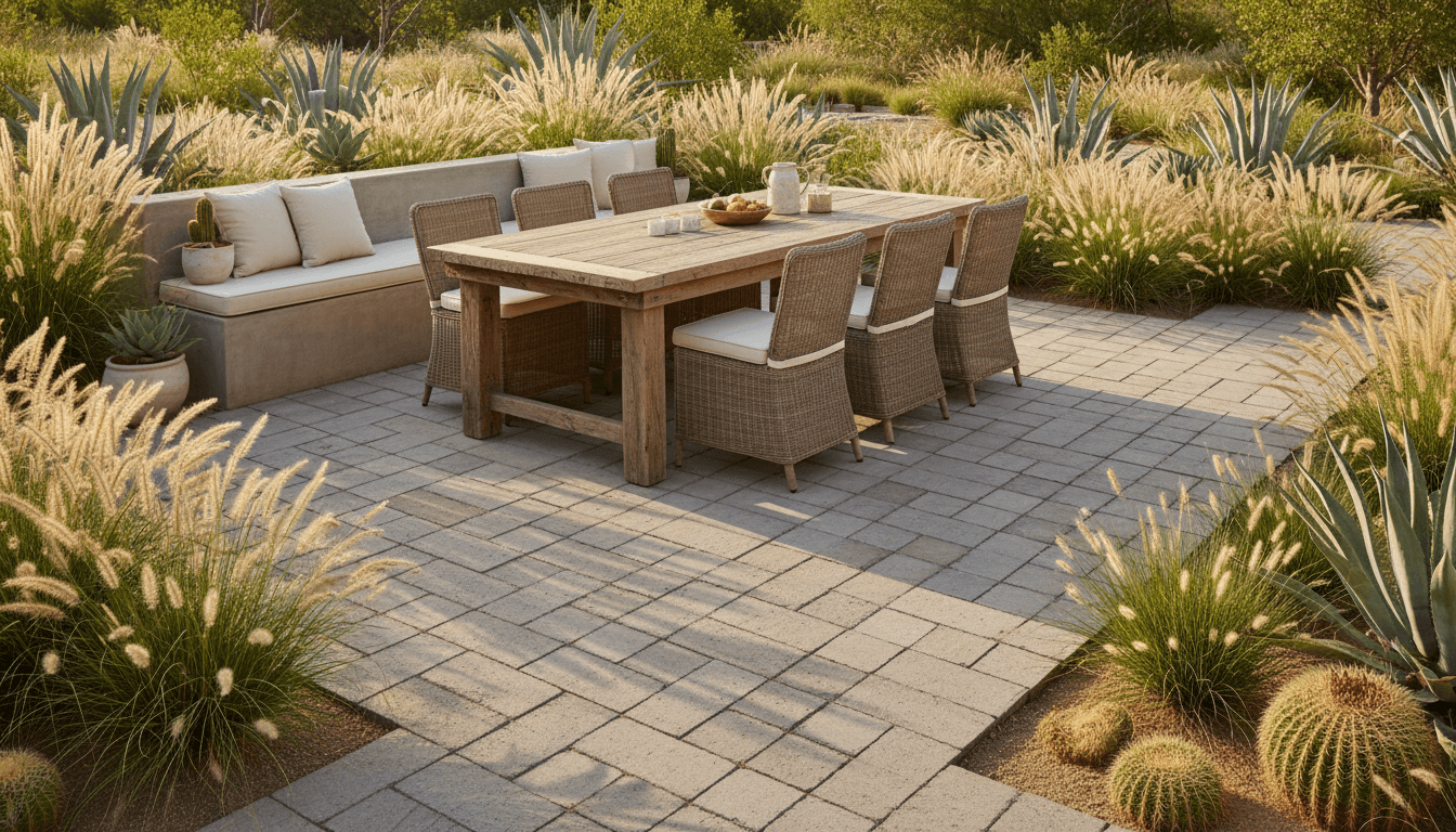Stone paver patio with outdoor dining table and built-in benches