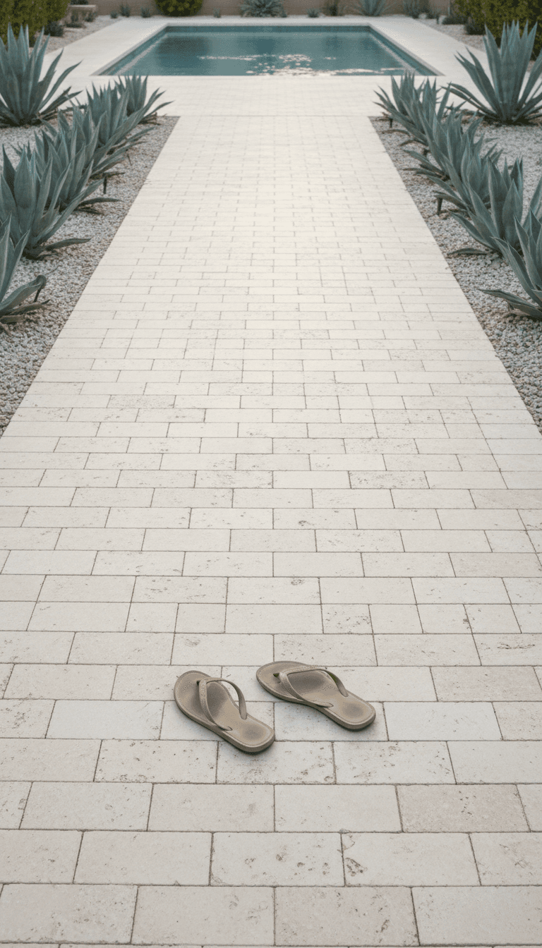 Poolside path, barefoot line