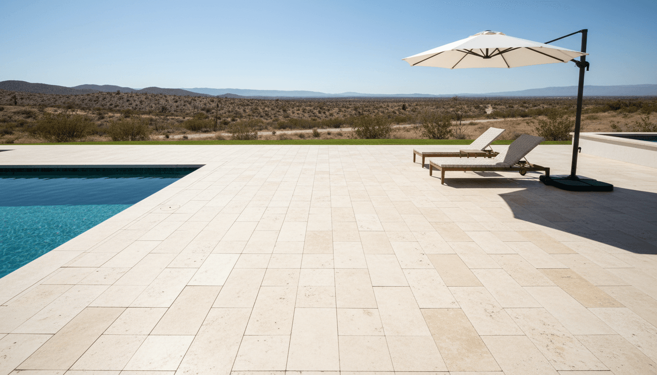 Travertine pool deck in Palm Desert with desert hills in the background