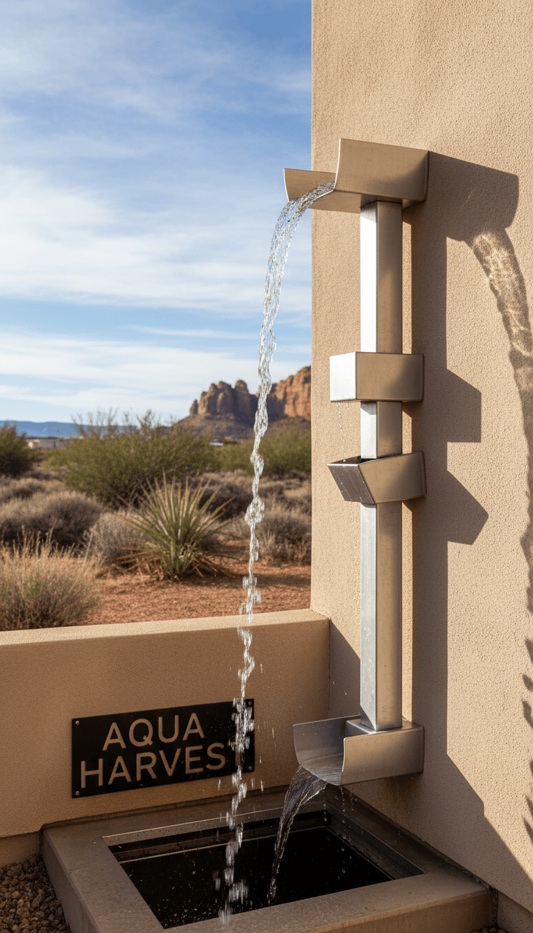 Rainwater flowing through a modern gutter system on a desert home