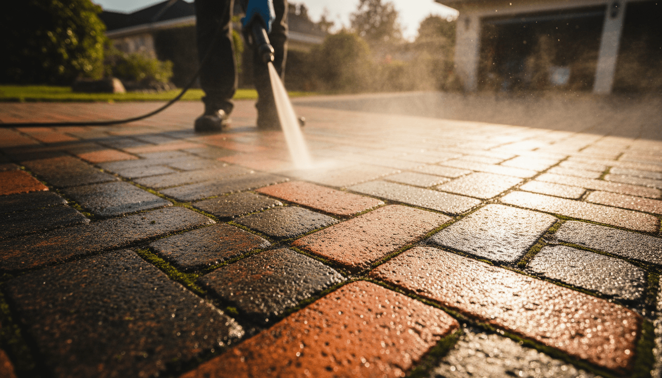 High pressure water revealing clean paver surface line during cleaning