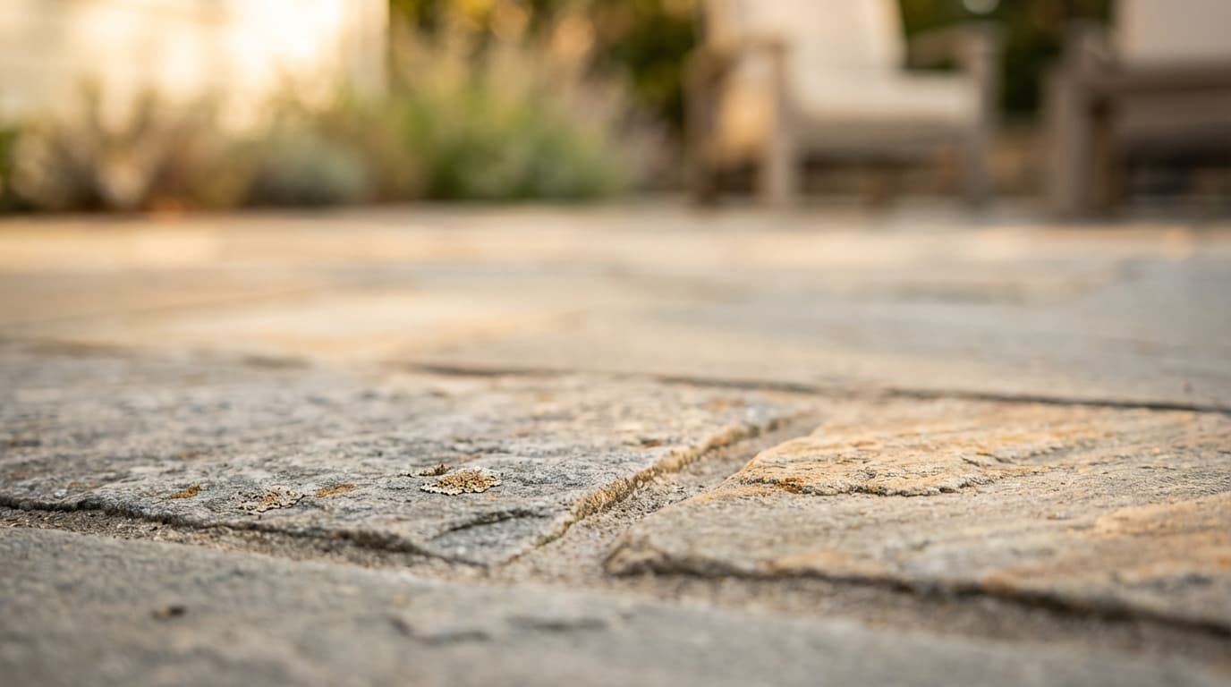 Finished paver driveway in Palm Desert with late afternoon sun and native landscaping