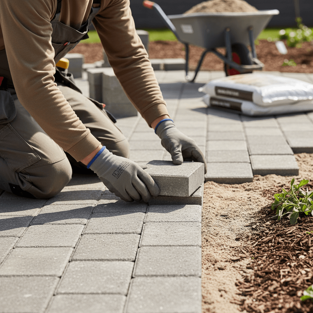 Clean restored paver walkway with crew member packing equipment in background