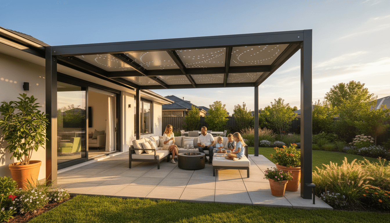 Modern steel-framed patio with insulated roof panels creating shaded entertaining space in residential backyard with family relaxing