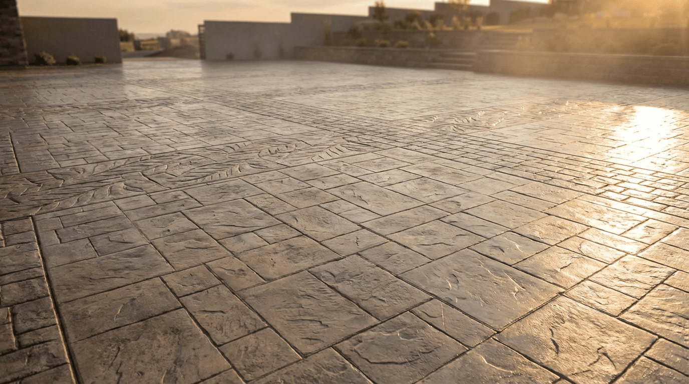 Sealed concrete pavers with wet glossy finish during desert afternoon