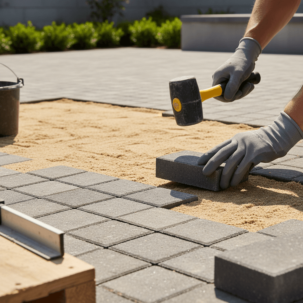 Crew member kneeling and brushing fresh sand into paver joints