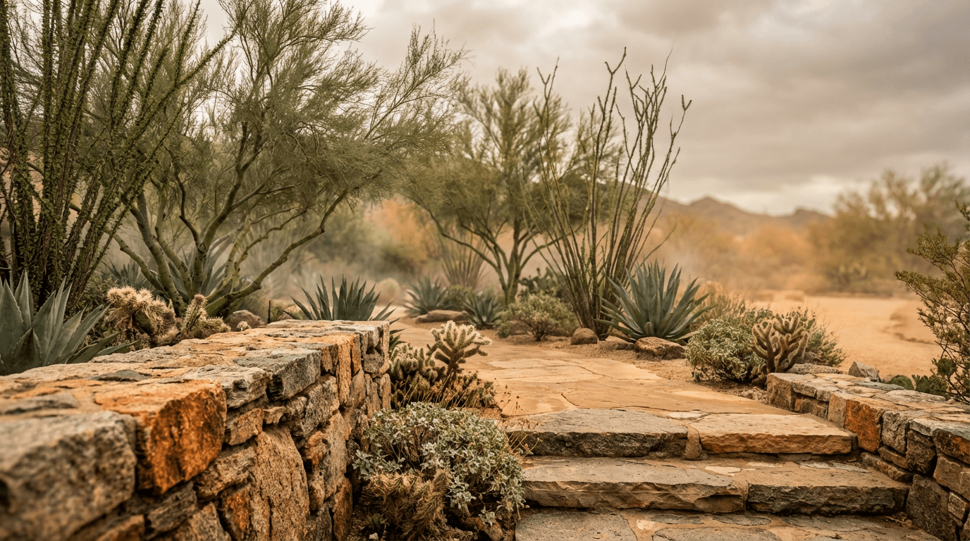 New travertine patio with desert mountain view in Palm Desert