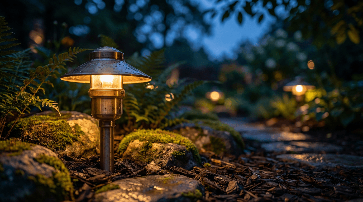 Night landscape lighting in Palm Desert yard