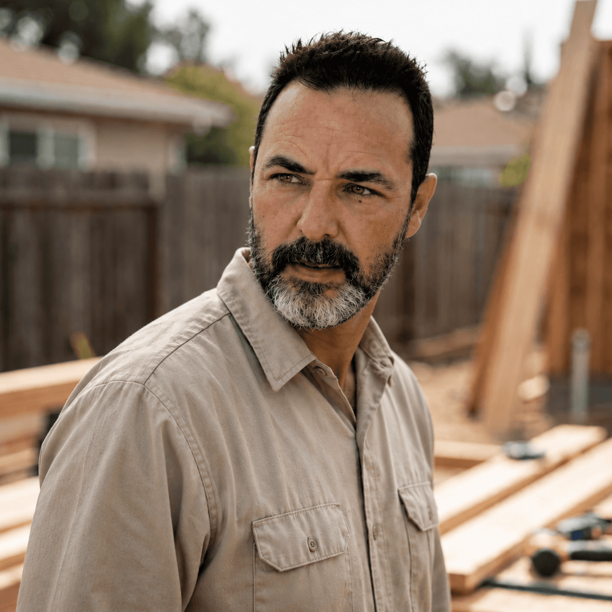 Middle-aged man with a salt-and-pepper beard looking aside at a sunny outdoor construction site.